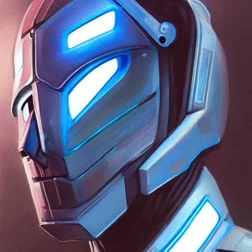 Image similar to robot with glowing blue visor as a realistic scifi cyberpunk knight, closeup portrait art by donato giancola and greg rutkowski, realistic face, digital art, trending on artstation, symmetry!!!