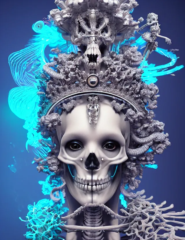 Image similar to 3 d goddess skeleton macro close - up portrait with crown made of ram skull. betta fish, jellyfish phoenix, bioluminiscent fire, plasma, ice, water, wind, creature, super intricate ornaments artwork by tooth wu and wlop and beeple and greg rutkowski