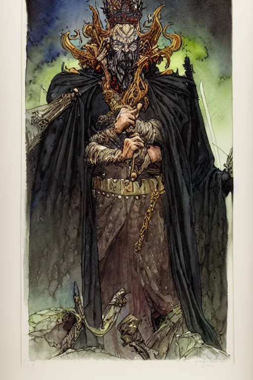 Image similar to a realistic and atmospheric watercolour fantasy character concept art full body portrait of an evil king with a black crown looking at the camera with an intense gaze by rebecca guay, michael kaluta, charles vess and jean moebius giraud