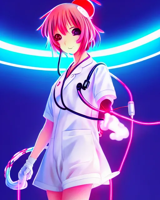 Image similar to anime style, vivid, expressive, full body, 4 k, painting, a cute magical girl with a long wavy hair wearing a nurse outfit, stunning, realistic light and shadow effects, neon lights, centered, simple background, studio ghibly makoto shinkai yuji yamaguchi