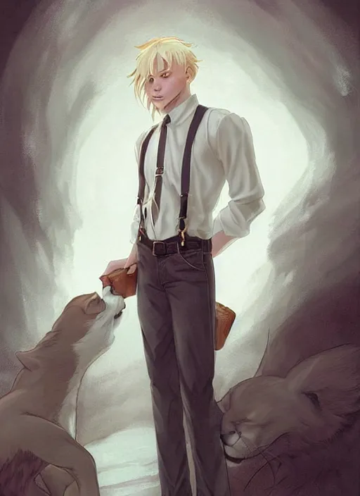 Image similar to beautiful portrait commission of a male furry anthro albino mountain lion wearing a white dress shirt with suspenders in an old-timey Saloon. Atmospheric. Character design by charlie bowater, ross tran, artgerm, and makoto shinkai, detailed, inked, western comic book art