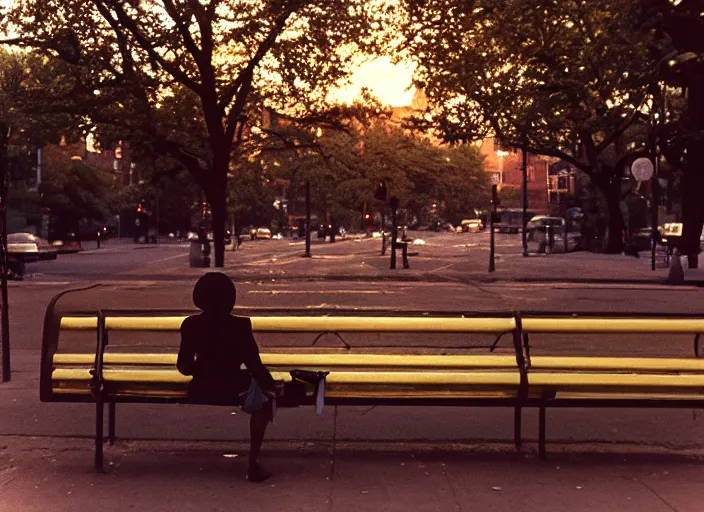 Image similar to a 35mm photograph from the back of a woman sitting on a bench in Harlem, New York City in the 1960's at sunset, bokeh, Canon 50mm, cinematic lighting, photography, retro, film, Kodachrome, award-winning, rule of thirds, golden hour