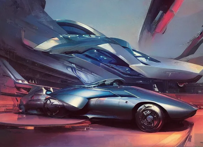 Image similar to luxurious futuristic sportscar with renaissance inspiration by John Berkey and Vincent Di Fate, rule of thirds, concept car, beautiful, in intergalactic hq, ethereal lighting, smooth, masterpiece, Refined