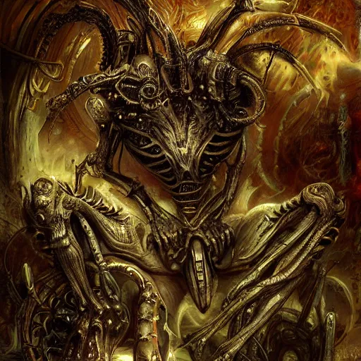 Prompt: cybernetic demon dreaming, lsd, circuitry, intricate detail, royo, whealan, giger, hd,