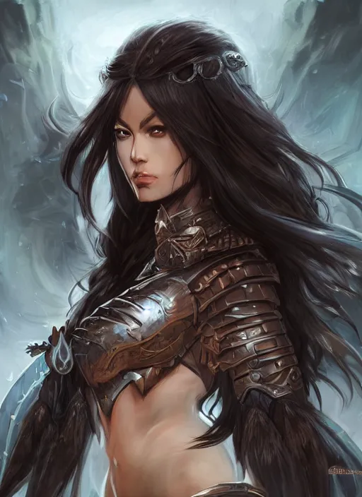 Image similar to beautiful warrior lady, black long hair, practical armor, brown skin, demonic eyes, low fantasy, extremely detailed, sharp focus, smooth, digital illustration, by rossdraws, frank franzzeta, sakimichan