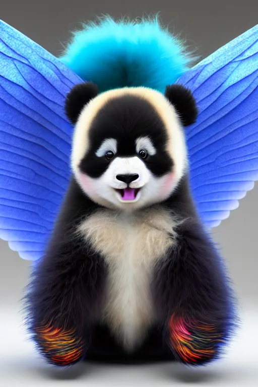 Image similar to high quality 3 d render hyperrealist very cute multicolor stripped fluffy! phoenix panda hybrid with wings!!!, highly detailed, vray smooth, in the style of detective pikachu, hannah yata charlie immer, dramatic blue light, low angle, uhd 8 k, sharp focus