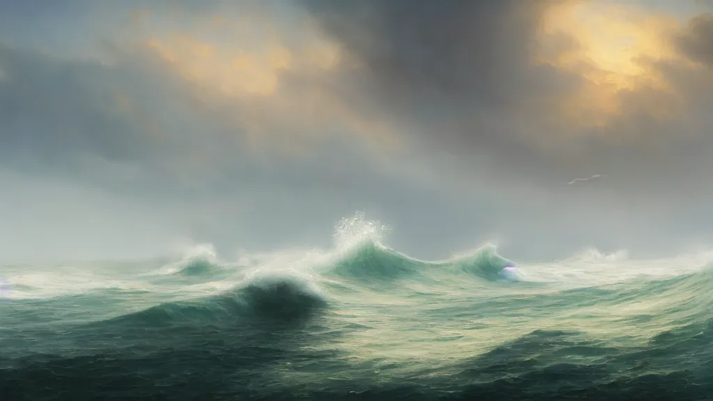 Image similar to first person view of breaking waves on the shore, summer, delicate fog, sea breeze rises in the air, by andreas rocha and john howe, and Martin Johnson Heade, featured on artstation, featured on behance, golden ratio, ultrawide angle, f32, well composed