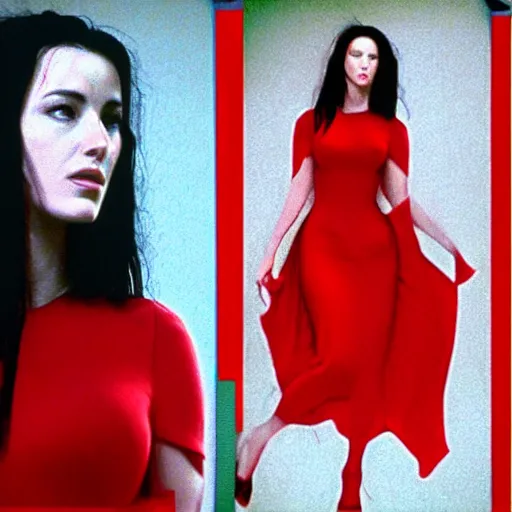 Image similar to realistic portrait of young Monica Bellucci wearing a red dress in the movie The Matrix,