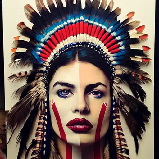 Image similar to a beautiful portrait sculpture designed by Sandra Chevrier, american indian headdress, American stars and stripes on face, by Annie Leibovitz