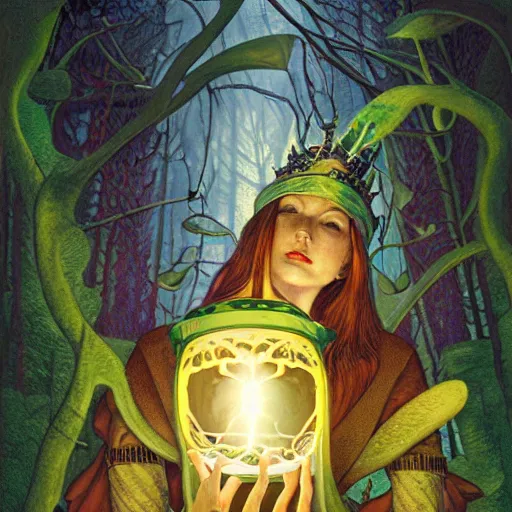 Prompt: the forest queen with her lantern, by leo and diane dillon and kit williams and andrew ferez, dramatic lighting, god rays, smooth, sharp focus, highly detailed