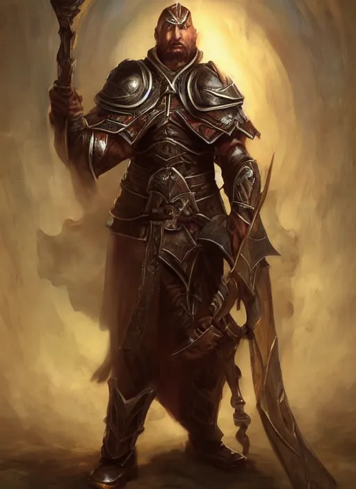 Prompt: human cleric in plate male armor painted by raymond swanland