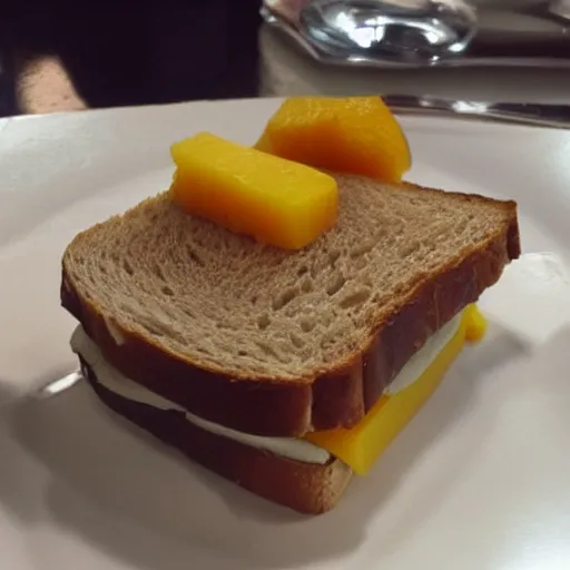 Image similar to sandwich with foie gras and honey and mango, bad, grainy and blurry amateur photo