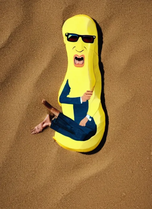 Image similar to jeff goldblum banana on the sand of a beach