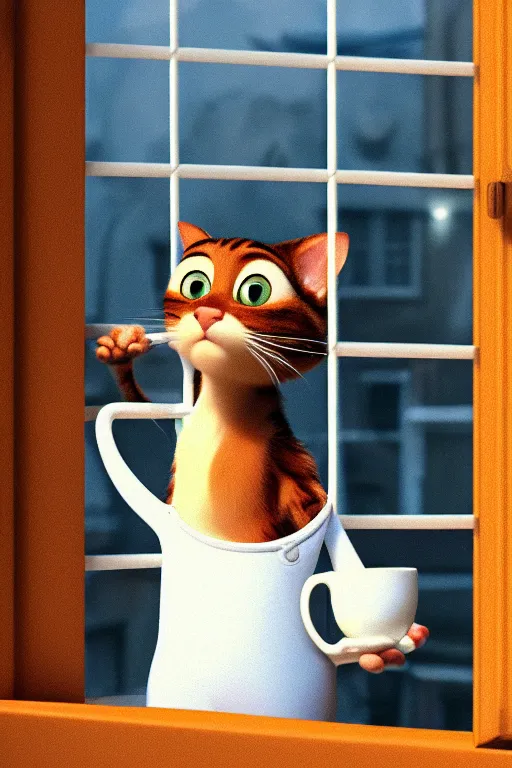 Prompt: happy cat holding one cup of coffee at house window. Pixar Disney 4K 3d render funny animation movie Oscar winning trending on ArtStation and Behance. Ratatouille style.