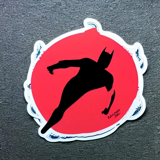 Image similar to die cut sticker of batman breakdancing, dripping paint