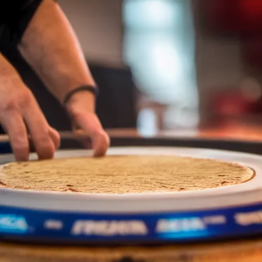 Image similar to a disc jockey is scratching with an Israeli pita bread on a turntable, wide shot