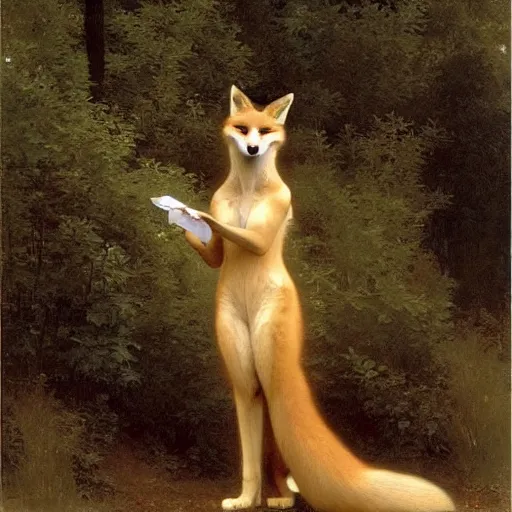 Prompt: An anthropomorphic fox wearing a dress, beautiful golden sunlight, backlit fur, by Robert Cleminson and William-Adolphe Bouguereau