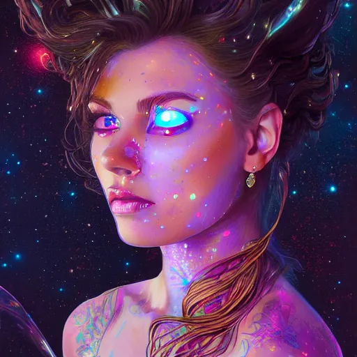 Prompt: wide angle portrait of I Dream explosion galaxie girl , with a perfect face and perfect body, thin waist, pierced navel, intricate, single face, psychedelic, highly detailed, digital painting, artstation, concept art, smooth, sharp focus, illustration, Unreal Engine 5, 8K, art by artgerm and greg rutkowski and alphonse mucha
