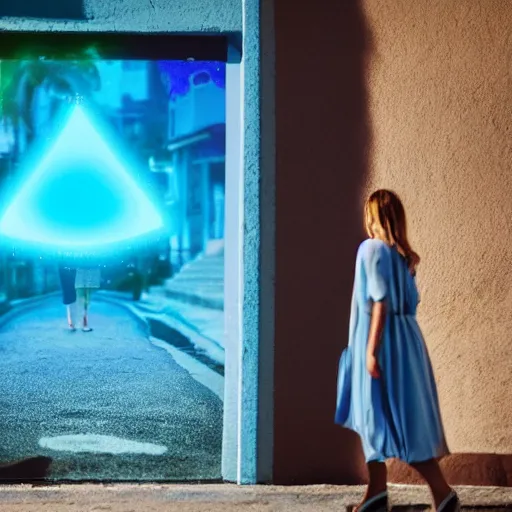 Image similar to a woman facing a blue energy portal on the street, which shows a beach at sunset