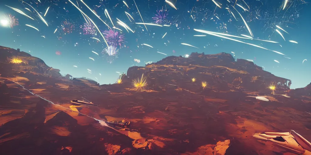 Image similar to shooting fireworks, no mans sky concept art, flying snakes