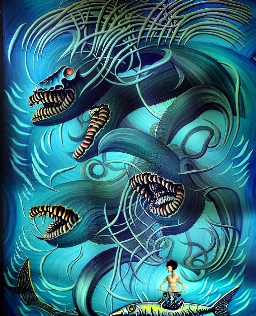 Image similar to mysterious bestiary of wild emotion monsters repressed in the deep sea of unconscious of the psyche, about to rip through and escape in a extraordinary revolution, painted by ronny khalil