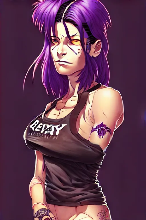 Image similar to a portrait of revy from black lagoon, dilraba dilmurarevy, smirk, black tank top, jean shorts, brown eyes, purple hair, tribal tattoos right arm sleeve, symmetrical eyes, symmetrical face, art by lois van baarle and loish and ross tran and rossdraws and sam yang and artgerm