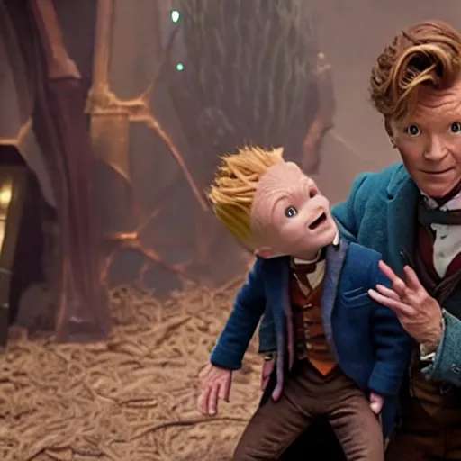 Image similar to newt scamander taking care of baby groot from guardians of the galaxy, film still from the movie, directed by david yates