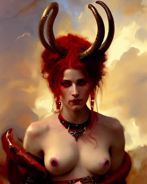 Prompt: painted close - up portrait of an attractive red - skinned intimidating demon girl with ram horns. oil painting, wearing a noblewoman's outfit, fantasy art by greg rutkowski and john singer sargent and gaston bussiere, demon noble character design