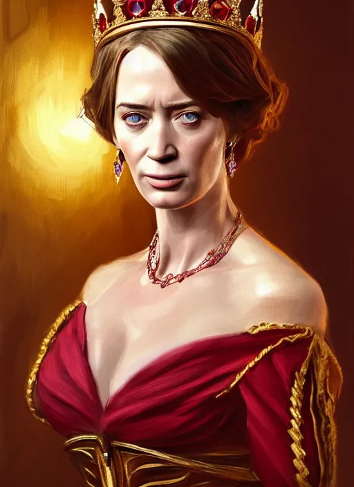 Prompt: portrait of emily blunt as queen, jewelry, greek, ruby, victorian age, 1 8 9 0, intricate, headshot, key visual, conceptart, ambient lighting, highly detailed, digital painting, artstation, concept art, sharp focus, by makoto shinkai and akihiko yoshida and greg manchess