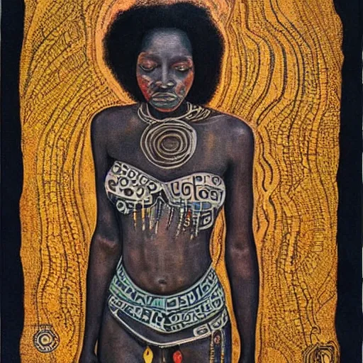 Image similar to ghost african women with tribal tatoo, klimt paint