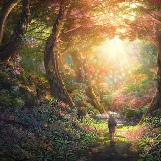 Image similar to the aesthetic view of the beautiful, grand, wistful, dreamy hidden forest at dusk, hyperrealistic anime illustration by iralki nadar, colorful, extremely detailed, intricate linework, super sharp focus, bright colors, octopath traveler, studio ghibli, unreal engine 5 highly rendered, global illumination, radiant light, detailed and intricate environment