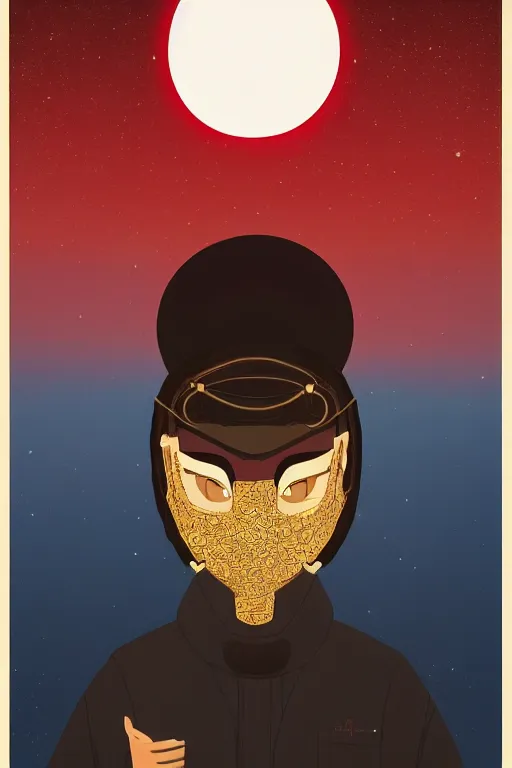 Image similar to portrait of a man with a mask on his face in the form of a spiral in a golden kimono, full face, against the background of a bright red moon, sad motif, ilya kuvshinov, dramatic, soft colors, futuristic, 8 k