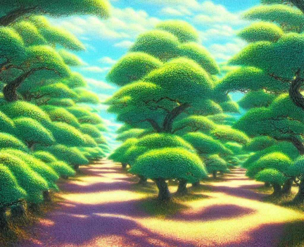 Image similar to a landscape pastel in the style of noriyoshi ohrai, mark tedin and bob ross of an orchard where all the trees are made of chrome metal. a path leads through th eorchard key art. 4 k retrofuturistic fantasy