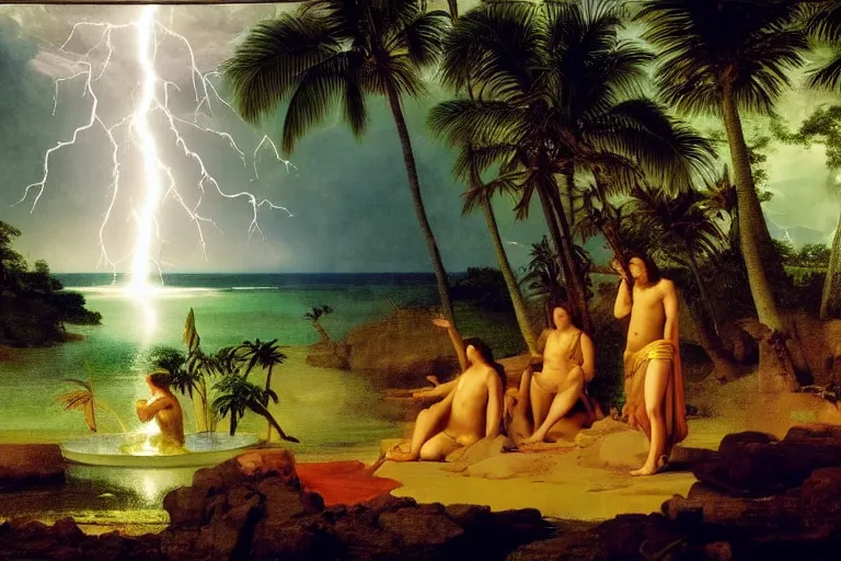 Image similar to The Ritual of the sacred elixir, refracted sparkles, thunderstorm, beach and Tropical vegetation on the background major arcana sky and symbols, by paul delaroche, hyperrealistic 4k uhd, award-winning, very detailed paradise