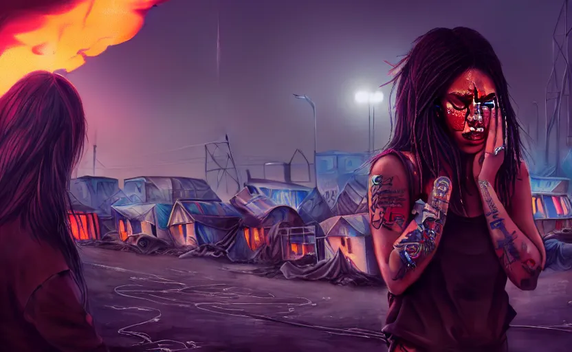 Image similar to digital painting of a streetwear woman holding back tears, a futuristic shanty town burns in the background, distress, tattoos, dark strokes, dark glitter, 4k, 8k, hd, full color, octane render, trending on artstation, highly detailed