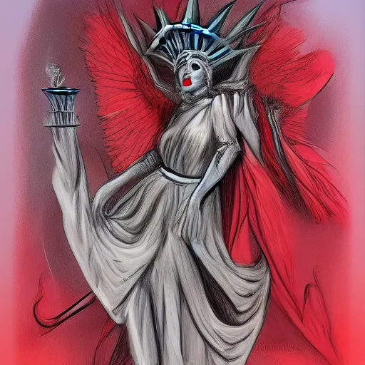 Prompt: Lady Gaga dressed as the Statue of Liberty sitting on a red dragon, illustration concept art in the style of Arthur Adams