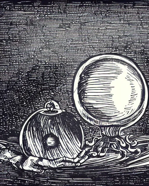 Image similar to a black and white drawing of a crystal ball surrounded by fog, a woodcut by jacques callot, pixabay, vanitas, woodcut, grotesque, logo