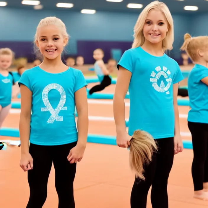 Prompt: blonde ymca gymnastics coach with aquamarine t shirt with y logo on it teaching kids gymnastics, high detail, good lighting