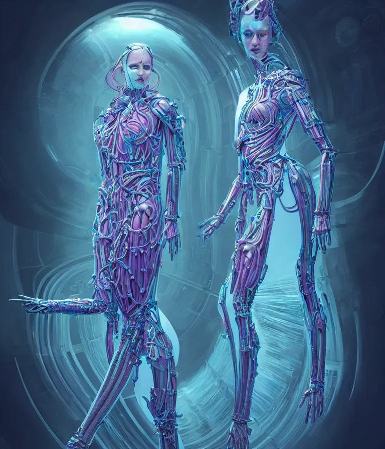 Prompt: fully symmetrical centered iridescent portrait of a beautiful princess in robe. artificial muscles, ribcage, bones, hard surface modelling. cyberpunk look. biomechanical mask. bio luminescent biomechanical halo around head. neon jellyfish. artwork by jarold Sng by artgerm, by Eddie Mendoza, by Peter mohrbacher by tooth wu, unreal engine, octane render, cinematic light, high details, iridescent colors, dichroic, macro, depth of field, blur