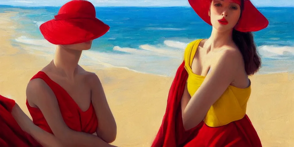 Image similar to beautiful oil matte portrait painting, young woman with red dress and mustard yellow summer hat at a beach on a sunny day, wonderful masterpiece highly detailed, beautiful cinematic light deep focus, elegant, digital painting, smooth, sharp focus, golden ratio, dramatic illumination, ultra realistic, 8 k, art by jimmy law and caravaggio