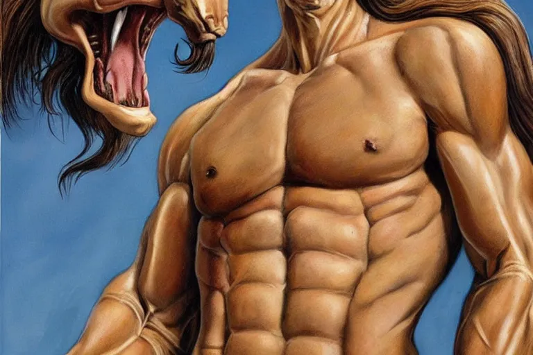 Image similar to beautiful lifelike painting of a centaur centaur centaur chimera tom cruise torso, hyperreal detailed facial features and uv lighting, art by ed roth and basil wolverton