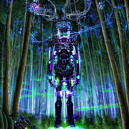 Prompt: a cybernetic ecology. joined back to nature, all watched over by machines of loving grace. a cybernetic forest filled with pines and electronics where deer stroll peacefully past computers as if they were flowers with spinning blossom oil on canvas, masterpiece, trending on artstation, featured on pixiv, cinematic composition, dramatic pose, beautiful lighting, sharp, details, hyper-detailed, HD, HDR, 4K, 8K