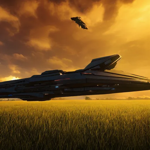Prompt: EVE Online starship, parked on a field of grass, peaceful sunset, horizon, clouds, cinematic, 4k