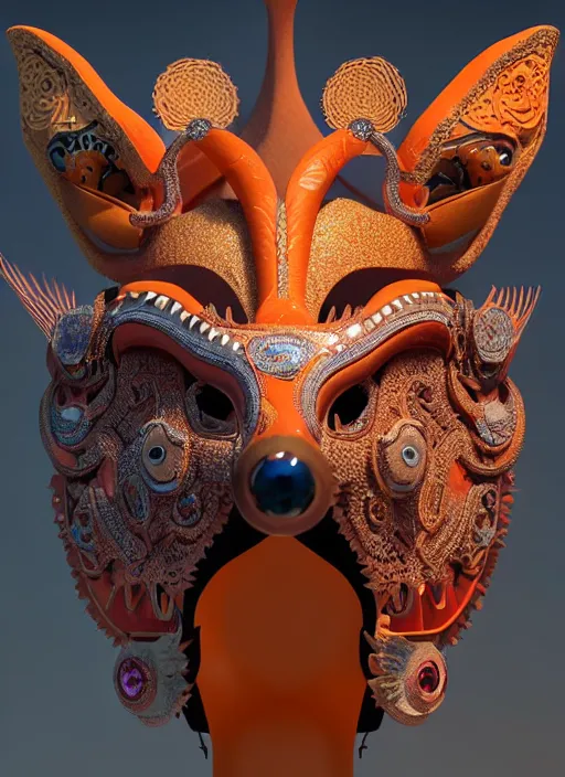 Image similar to 3 d goddess close - up profile portrait. beautiful intricate highly detailed mexican fox mask and traditional mexican huipil. stingray, magpie, bio luminescent, plasma, lava, ice, water, wind, creature, artwork by tooth wu and wlop and beeple and greg rutkowski, octane 3 d render