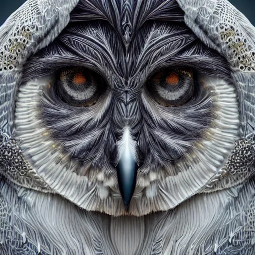 Image similar to detailed portrait of a ethereal bohemian white owl, halfway through, hyper - detailed, stylistic, symmetrical, 3 d render, 8 k, octane render