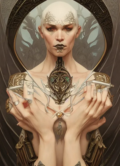 Image similar to symmetry!! portrait of grim reeper, fantasy, medieval wear, intricate, elegant, highly detailed, digital painting, artstation, concept art, smooth, sharp focus, illustration, art by artgerm and greg rutkowski and alphonse mucha