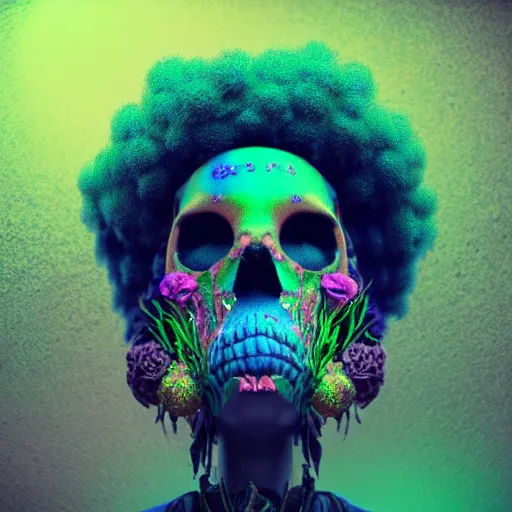 Image similar to a golden skull face african marijuanna shaman with an afro made of flowers, third eye art art by machina infinitum, complexity from simplicity, rendered in octane, mandelbulb 3 d, ambient occlusion, macro photography, felt!!! texture, tribal, neon! retrowave