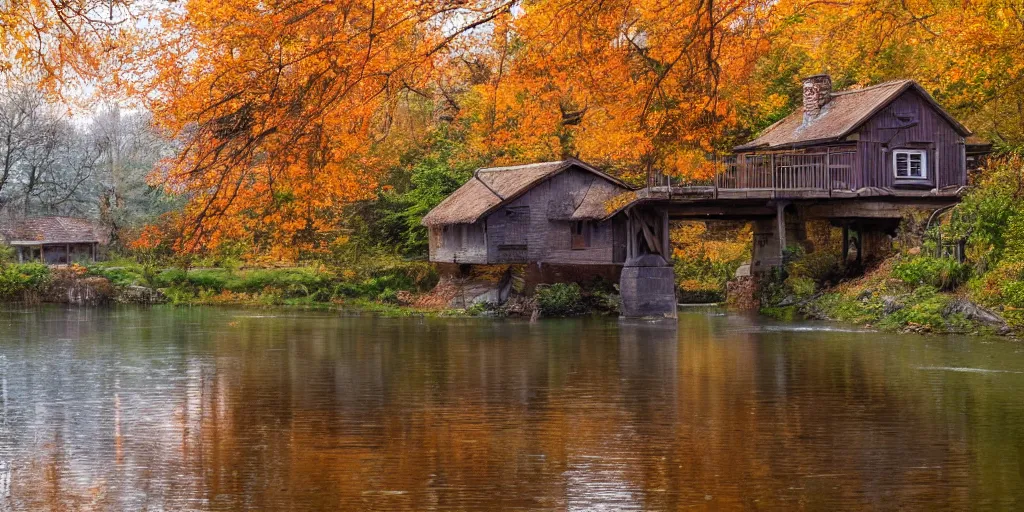 Image similar to a wooden cottage by the river with a bridge connecting to it, portrait, highly detailed, autumn, falling leaves, cozy, 8 k,