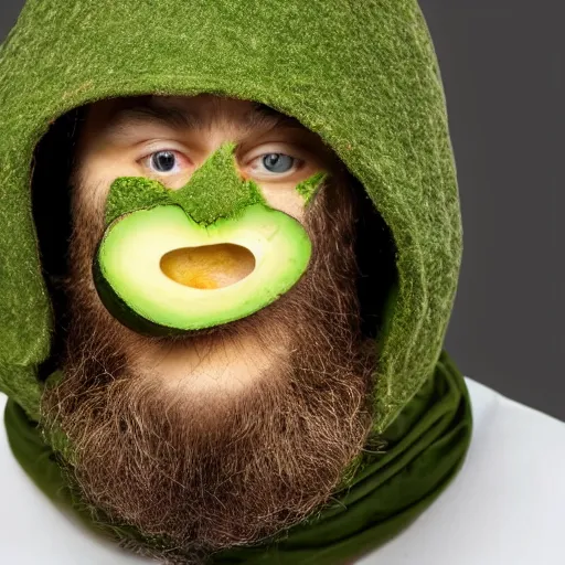 Image similar to studio photo of bearded person made of avocado, wearing avocado hood, portrait, close - up