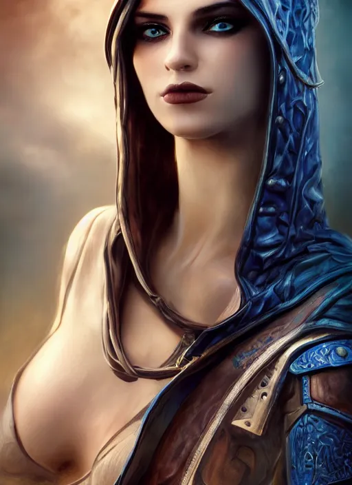 Image similar to Beautiful Arab girl with blue eyes, leather, portrait, fantasy, medieval, vivid colors, fantasy, elegant, concept art, sharp focus, beautiful face, digital art, Hyper-realistic, 4K, Unreal Engine, Highly Detailed, HD, Dramatic Lighting by Brom, trending on Artstation